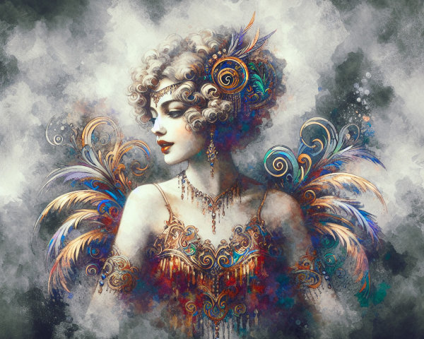 Glamorous Woman in Elegant Gown with Feathers and Jewels