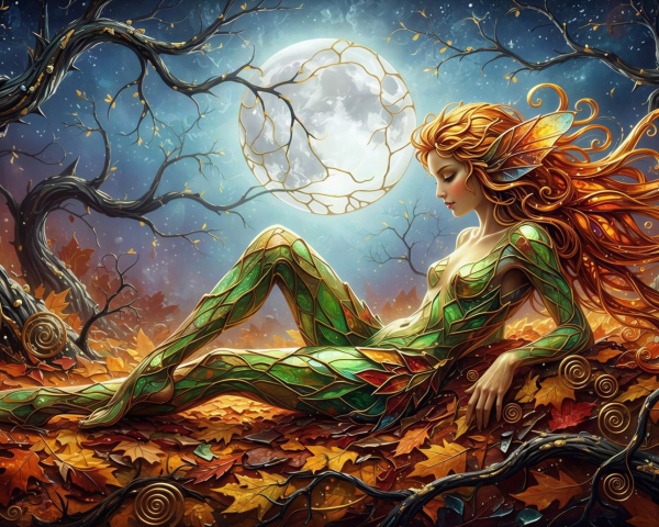 Fantasy Art of a Forest Fairy in Autumn Leaves