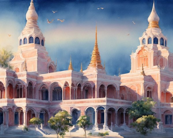 Magnificent palace with ornate architecture and greenery