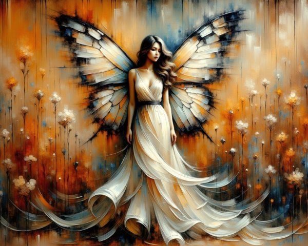 Ethereal Figure with Butterfly Wings and Flowers