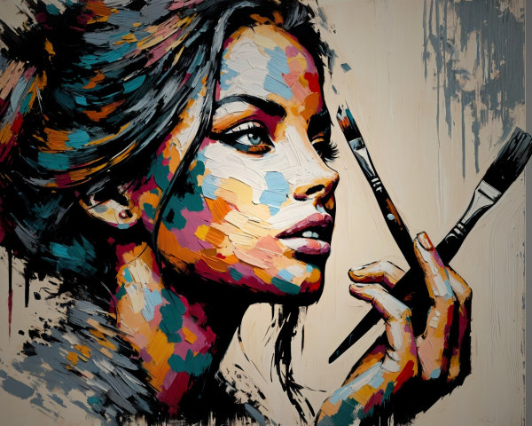 Abstract Portrait of a Thoughtful Woman with Paintbrushes