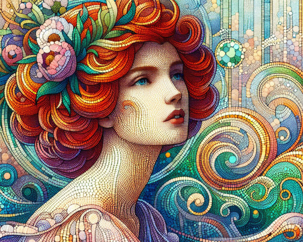 Woman with Red Hair and Colorful Flowers in Art