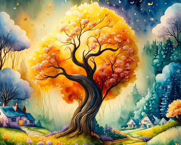 Vibrant Landscape with Majestic Tree and Cottages