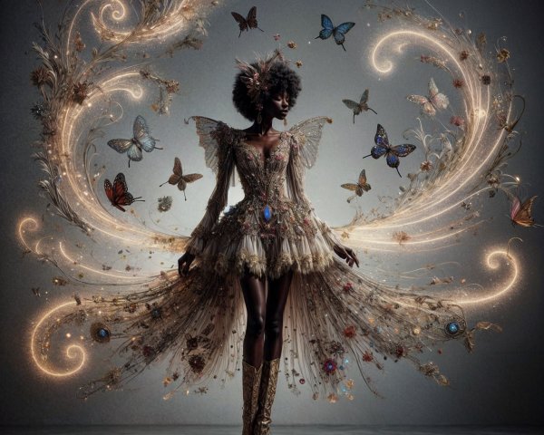 Elegant figure in shimmering gown with butterflies