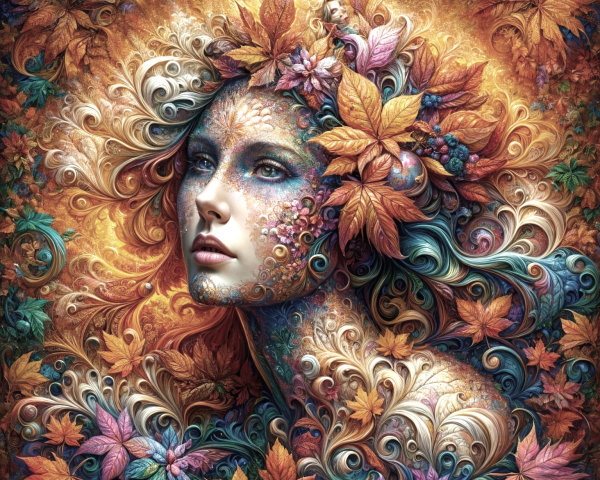 Surreal Portrait of Woman with Floral Patterns