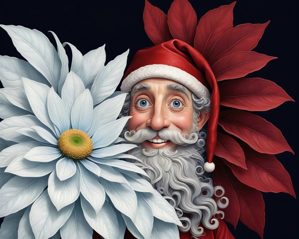 Joyful Santa Claus with Poinsettias in Dark Background