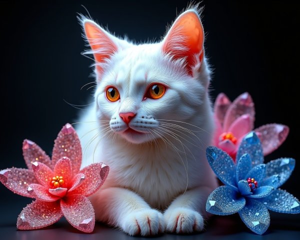 White Cat with Orange Eyes Among Pink and Blue Flowers