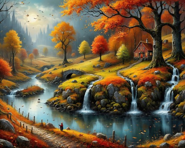 Autumn Landscape with Foliage and Serene River