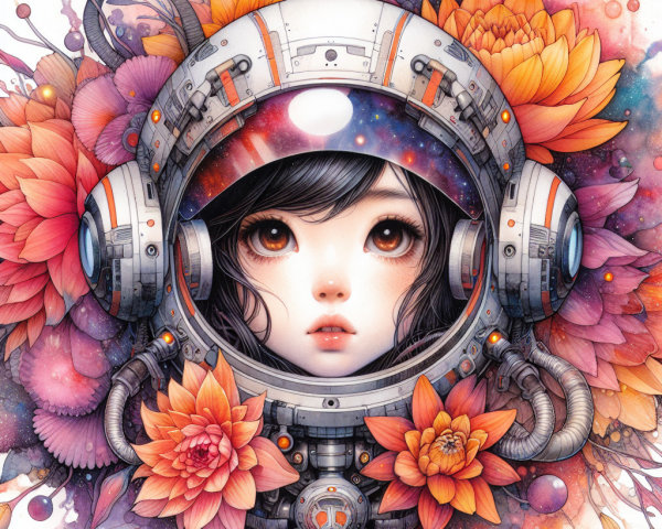 Celestial Portrait of Woman in Astronaut Helmet