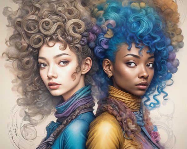 Two Women with Unique Hairstyles and Colorful Outfits