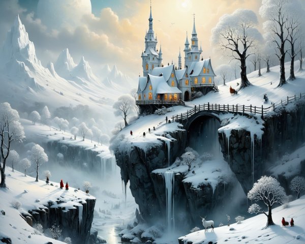 Majestic castle on a snow-covered cliff landscape