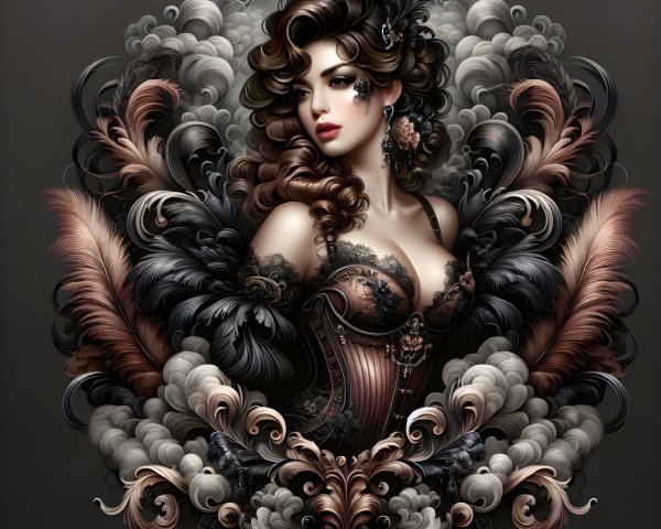 Intricate Portrait of Woman in Ornate Corset and Feathers