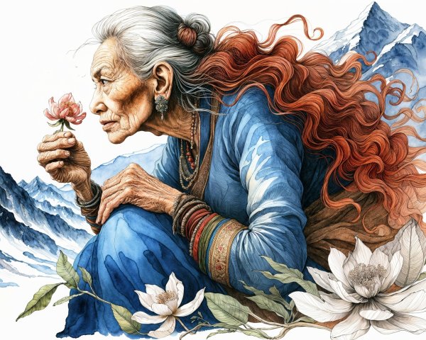 Elderly Woman with Red Hair Holding a Flower in Nature