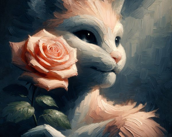 Whimsical Cat with Rose in Soft Cream and Peach Fur