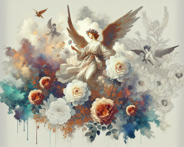 Ethereal Angelic Figure Surrounded by Floral Elements