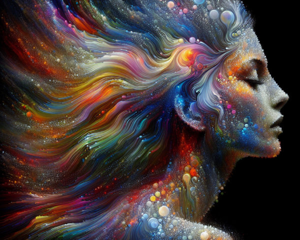 Ethereal figure with vibrant colors and cosmic elements