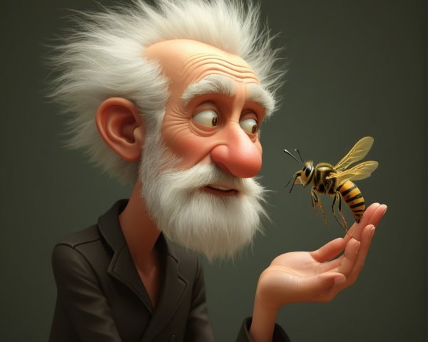 Elderly Man with White Hair Observing a Bee