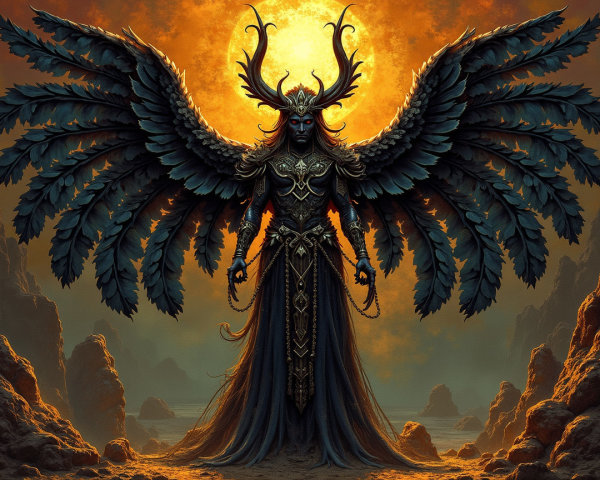 Majestic figure with antler crown and feathered wings