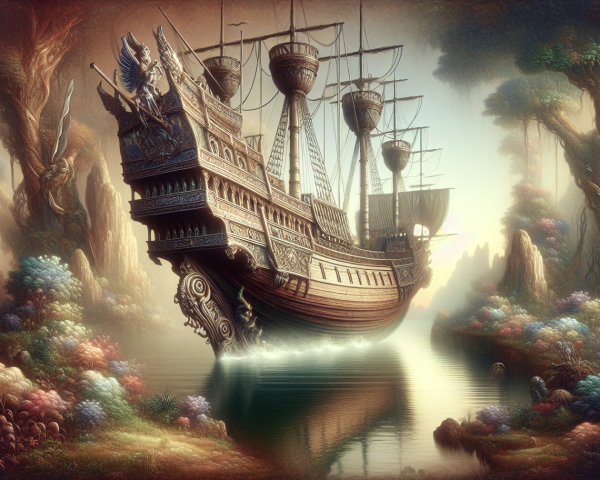 Majestic ship in vibrant, serene landscape setting