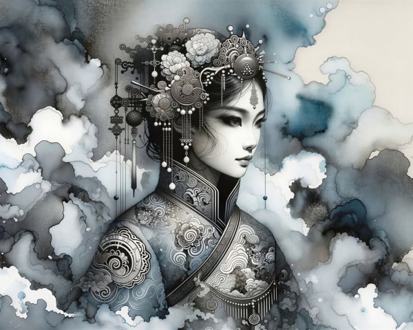 Ethereal Portrait of East Asian Woman in Traditional Attire