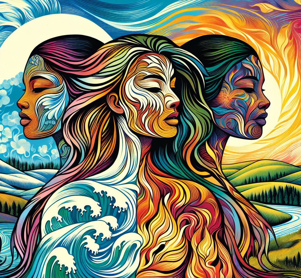 Three Stylized Female Faces Representing Nature Elements