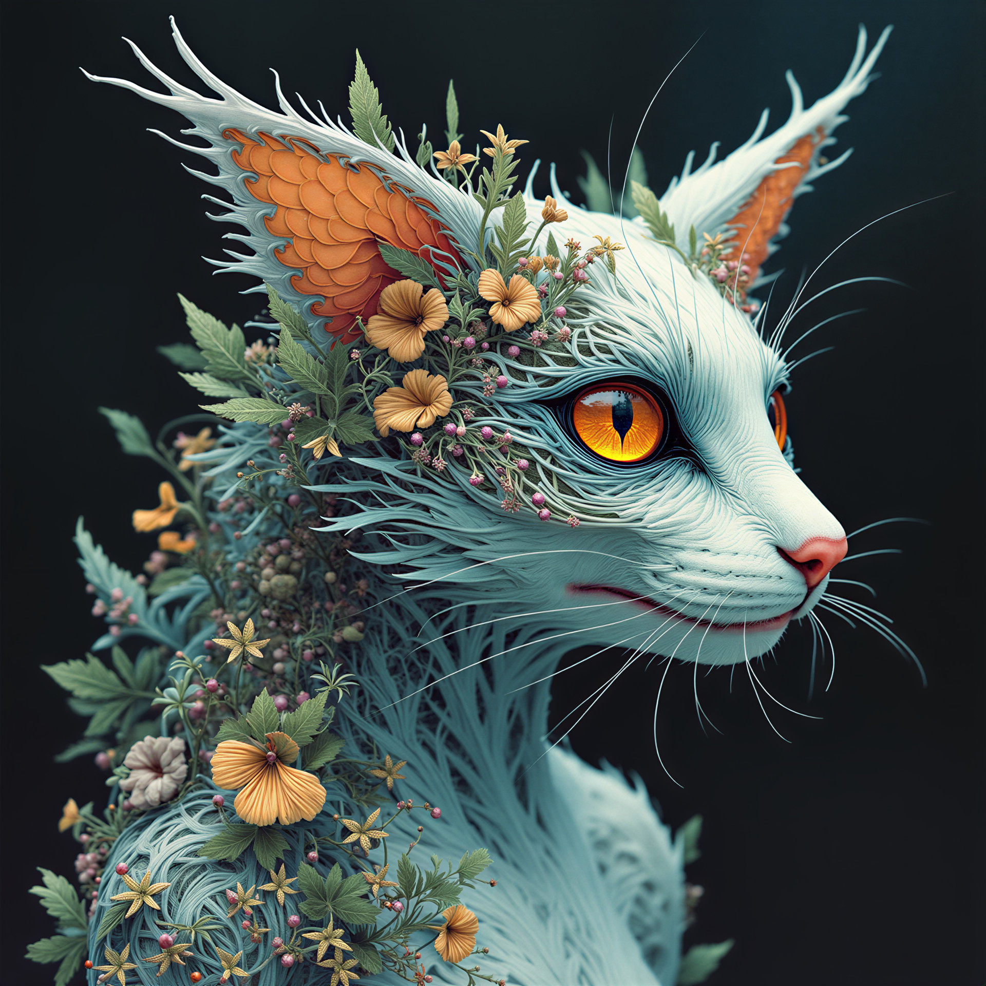 Surreal Cat with Floral and Foliage Fur Design