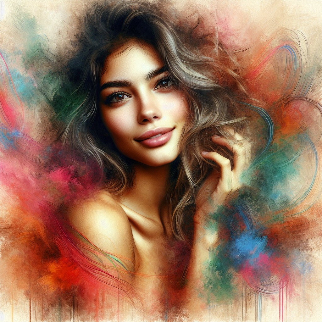 Portrait of a woman with wavy hair and colorful backdrop