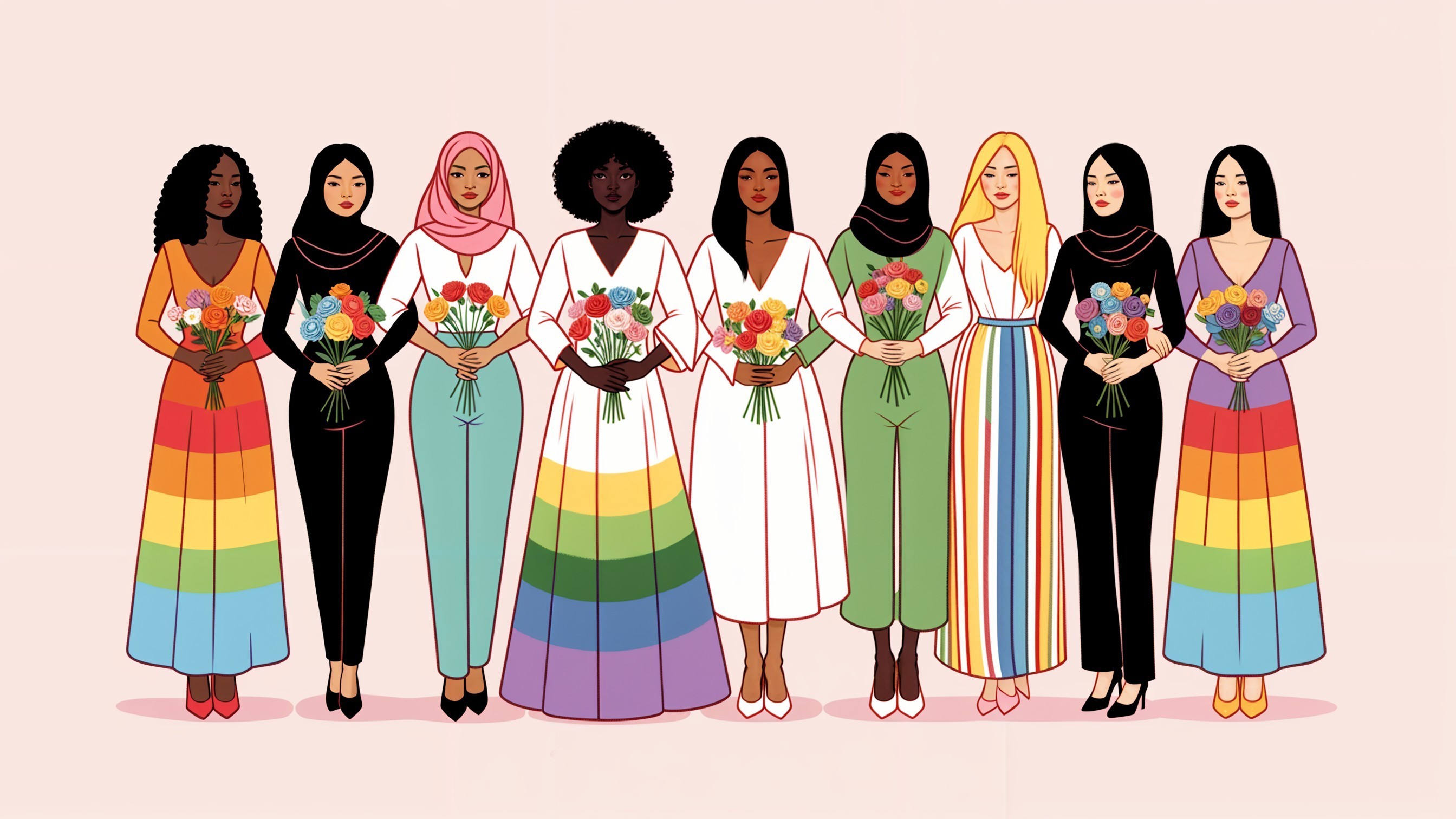 Diverse Group of Women with Colorful Bouquets
