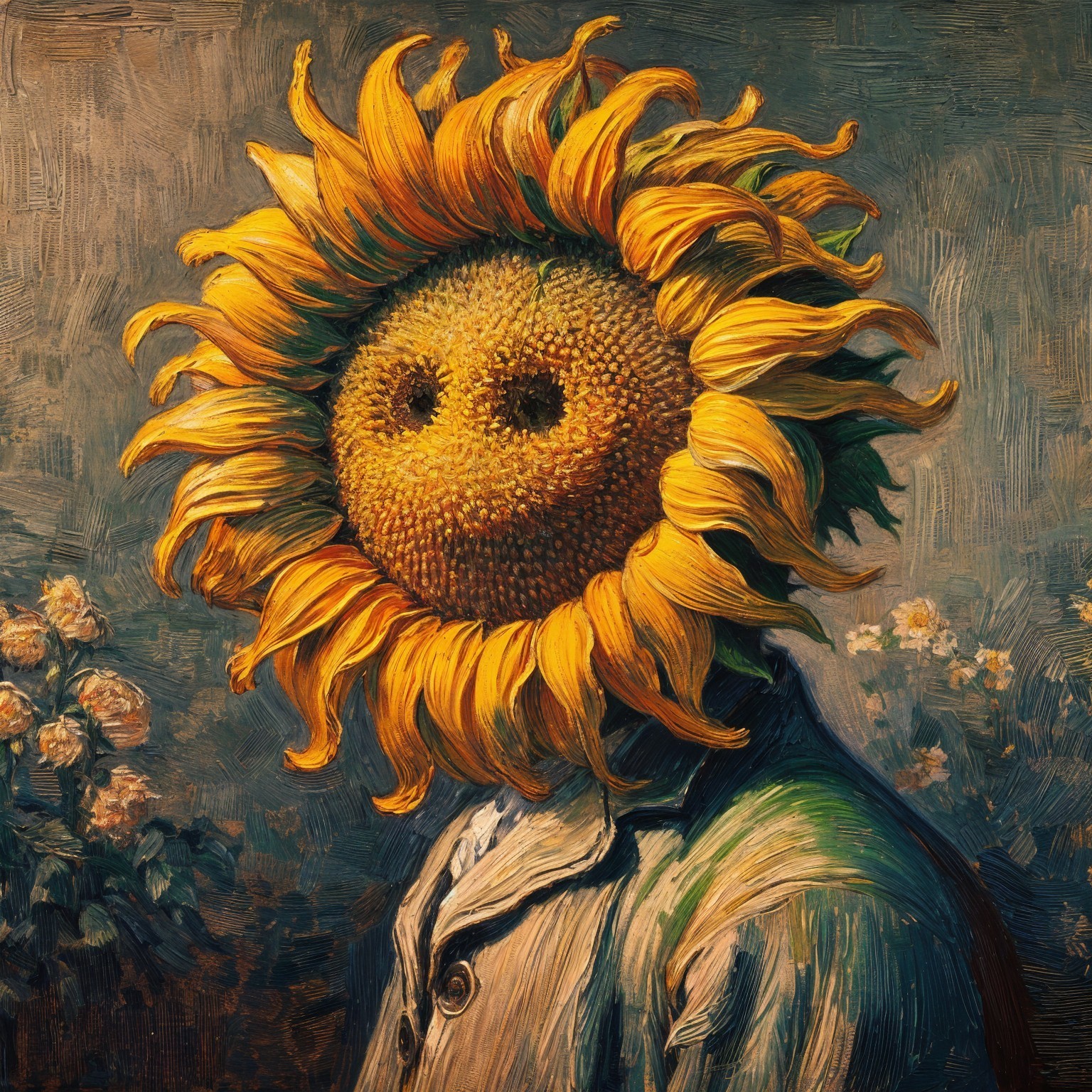 Whimsical Character with Sunflower Head and Flowers