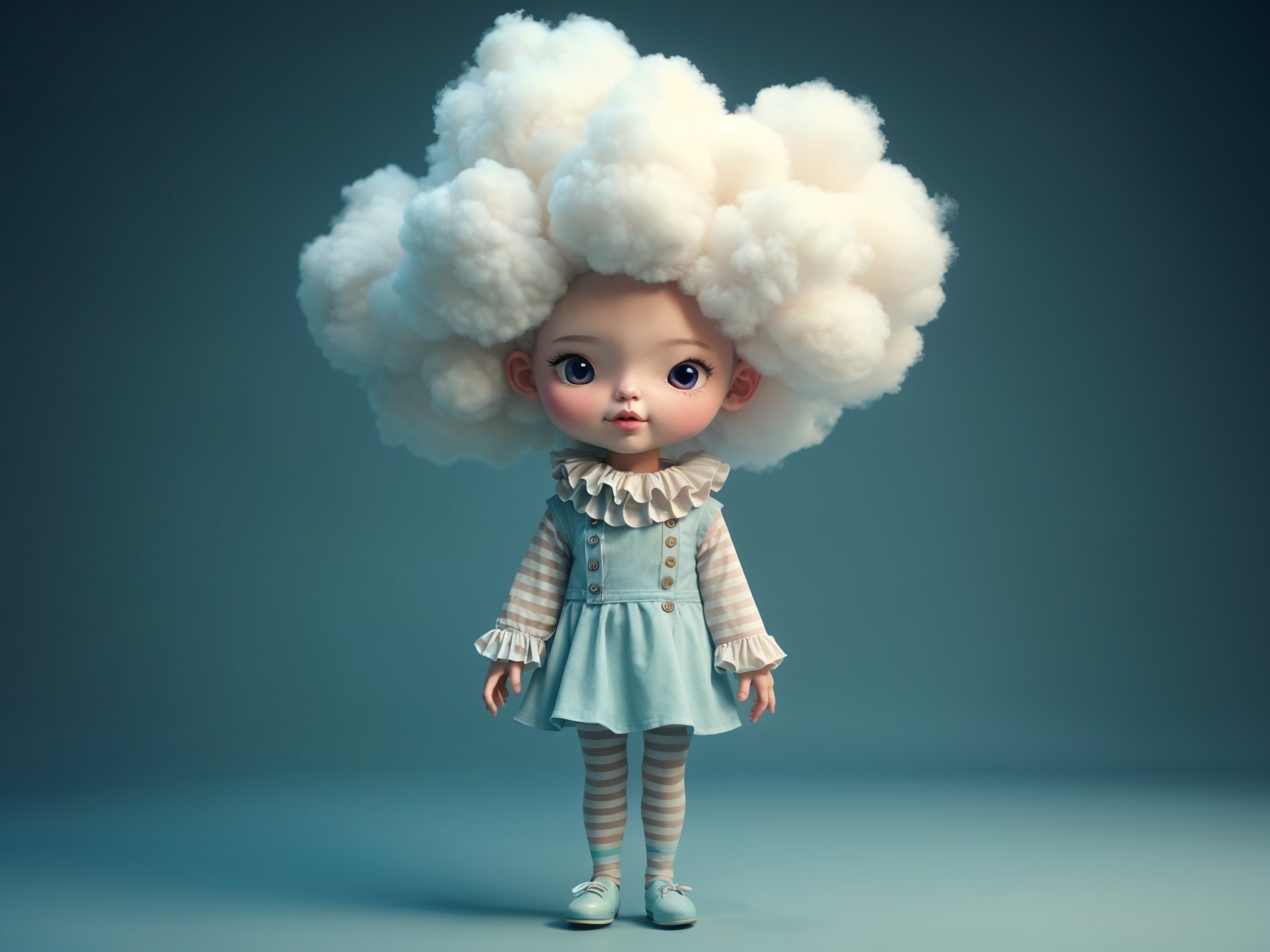 Whimsical doll with cotton candy cloud hairstyle