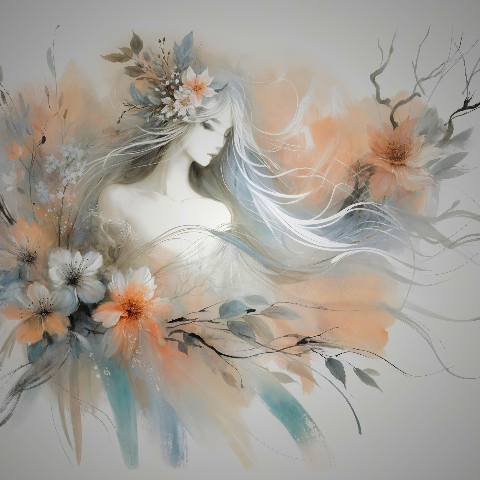 Ethereal Figure Surrounded by Dreamy Floral Background