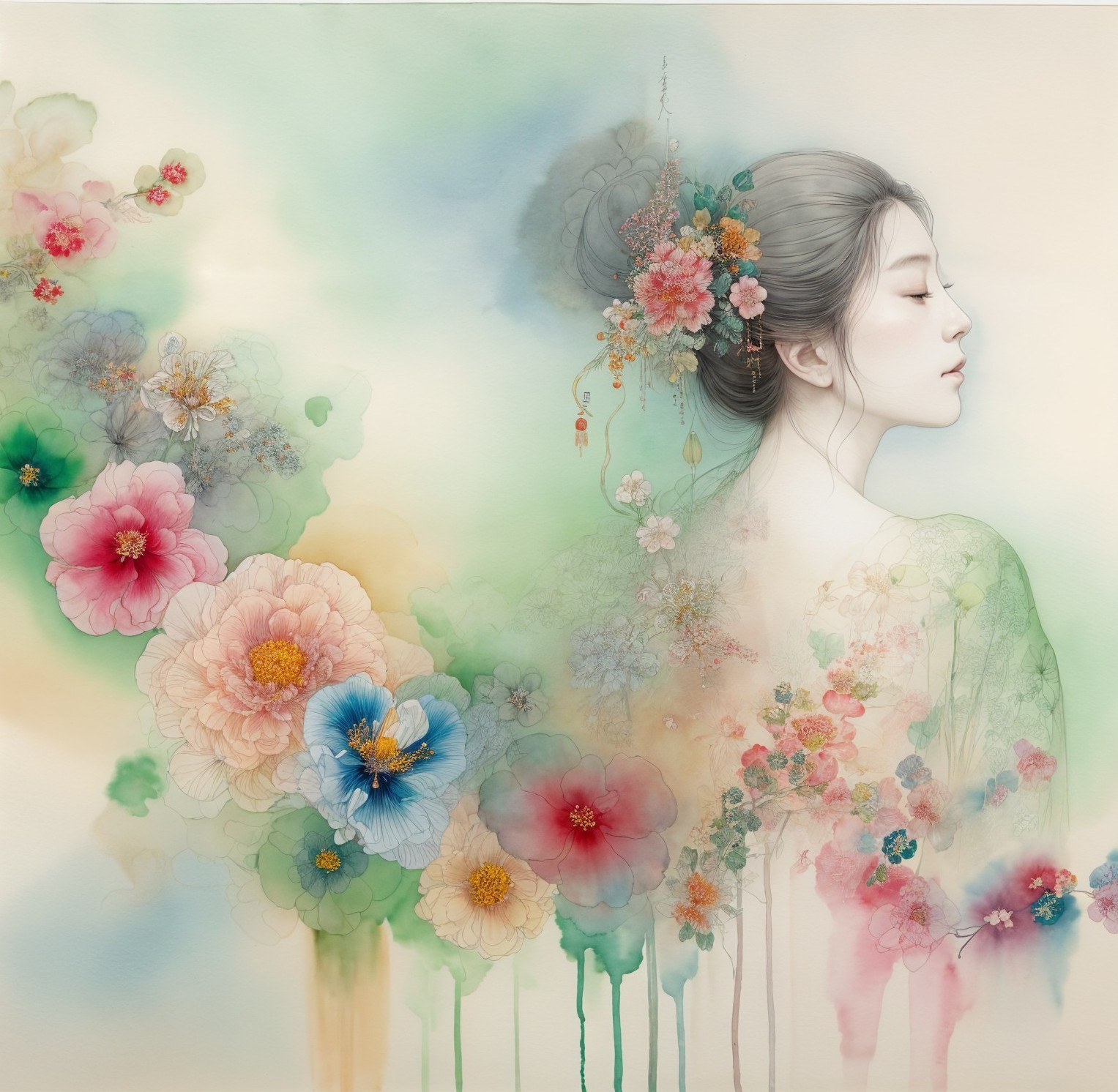 Serene Woman Surrounded by Pastel Flowers in Watercolor
