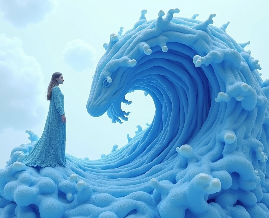 Surreal Scene of Woman on Majestic Wave with Clouds