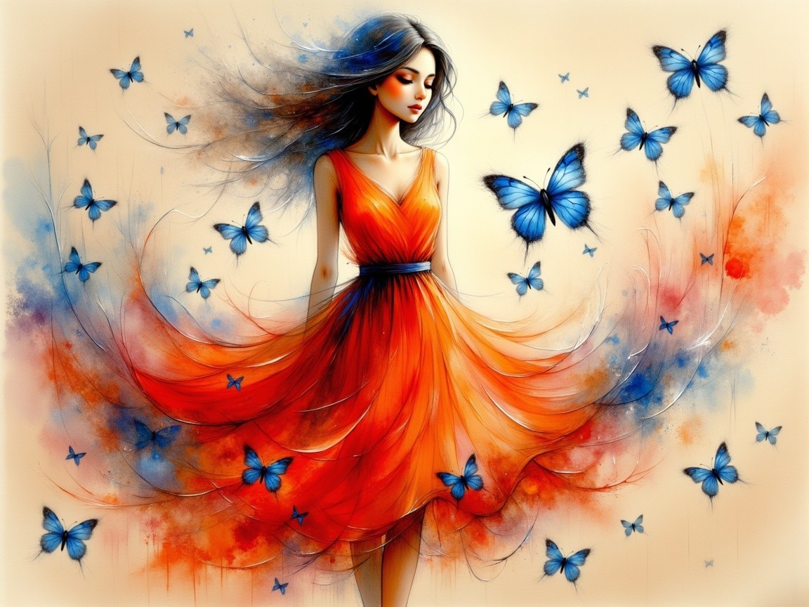 Woman in Orange Dress Dancing with Blue Butterflies