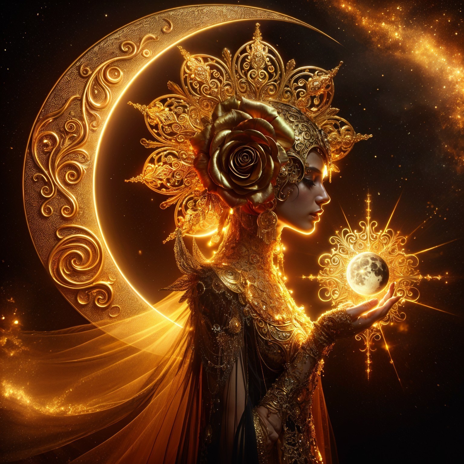 Golden Attire Figure with Moon Orb in Cosmic Scene
