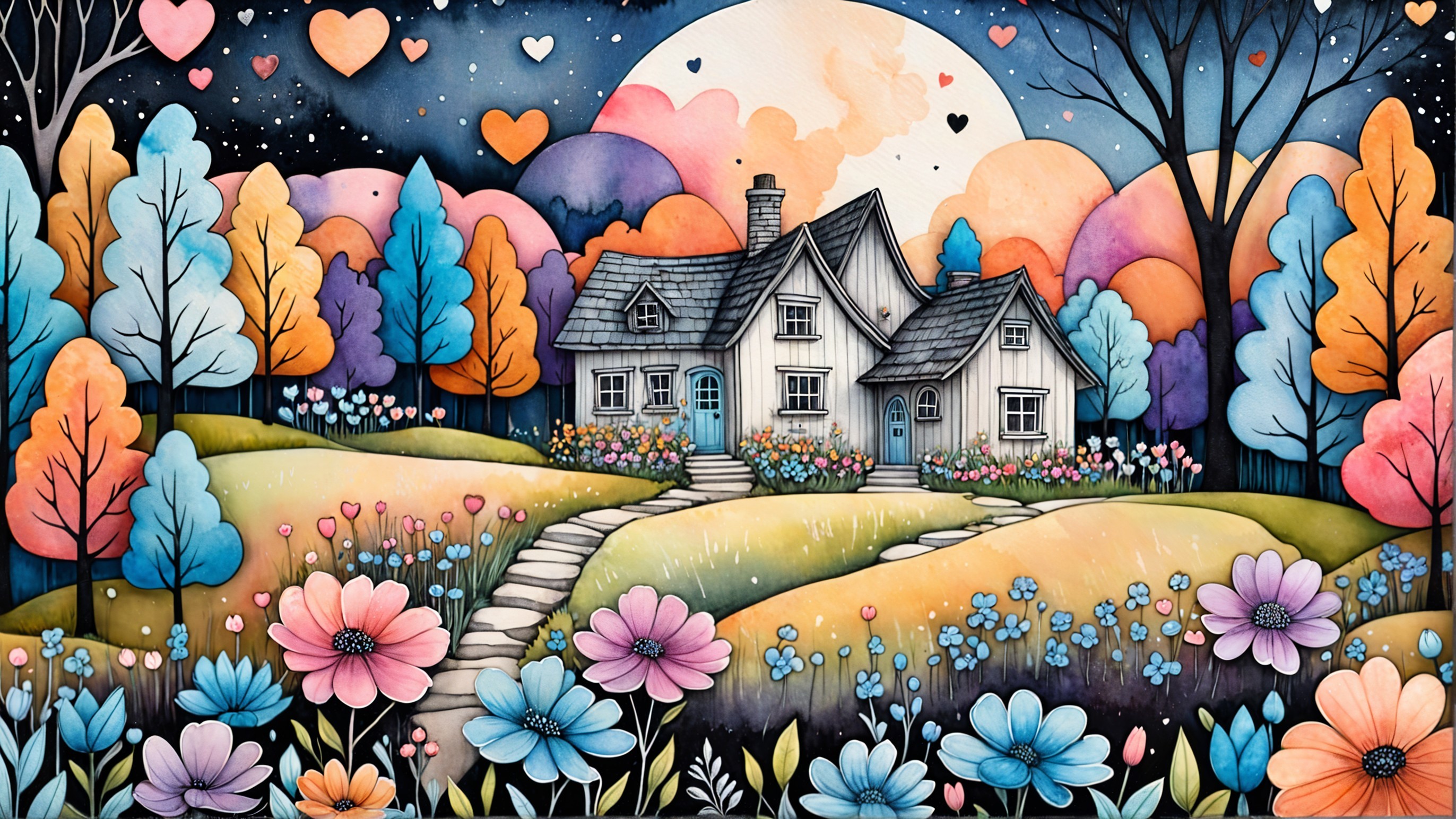 Charming Cottage in a Whimsical Colorful Landscape