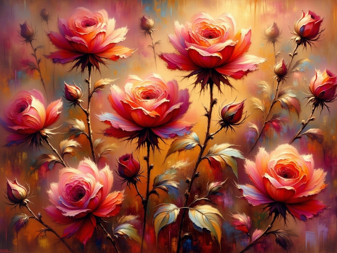Vibrant Bouquet of Pink and Red Roses on Golden Background