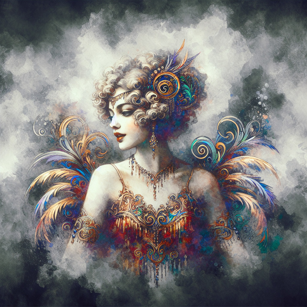 Glamorous Woman in Elegant Gown with Feathers and Jewels