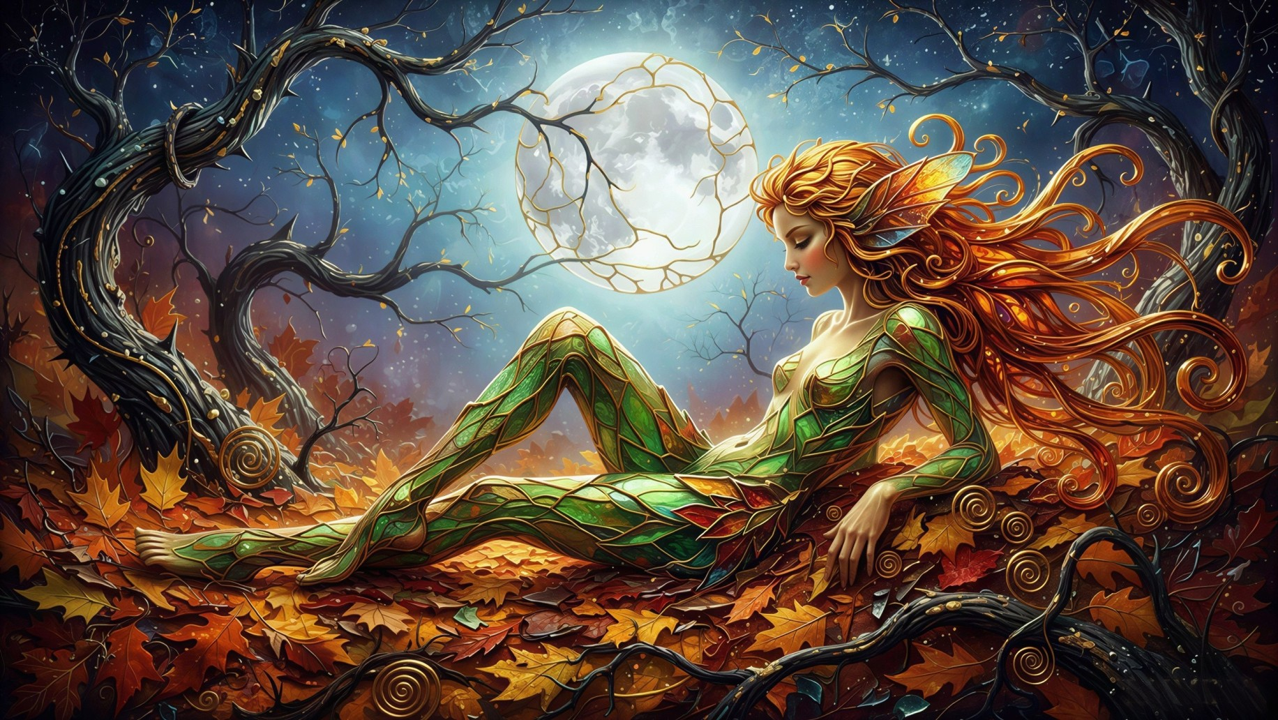 Fantasy Art of a Forest Fairy in Autumn Leaves