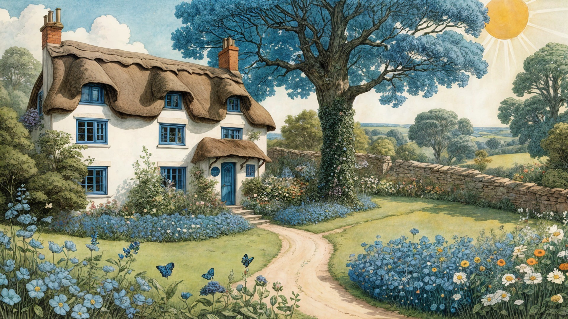 Thatched-Roof Cottage Surrounded by Blue Flowers