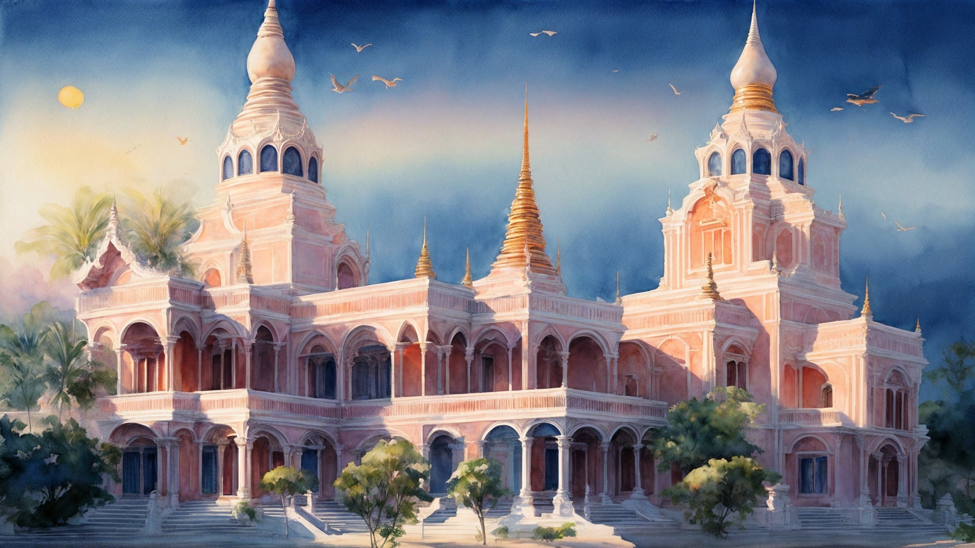 Magnificent palace with ornate architecture and greenery