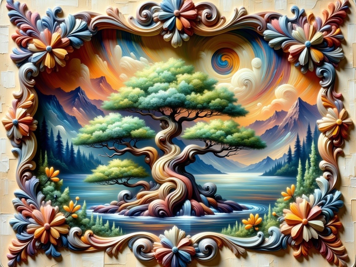 Vibrant Artwork of Majestic Tree and Serene Landscape
