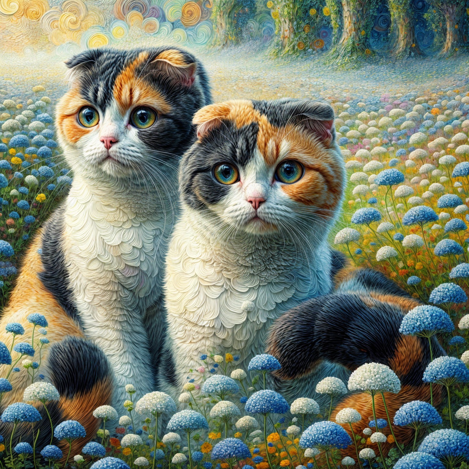 Fluffy Cats in a Colorful Dreamlike Landscape