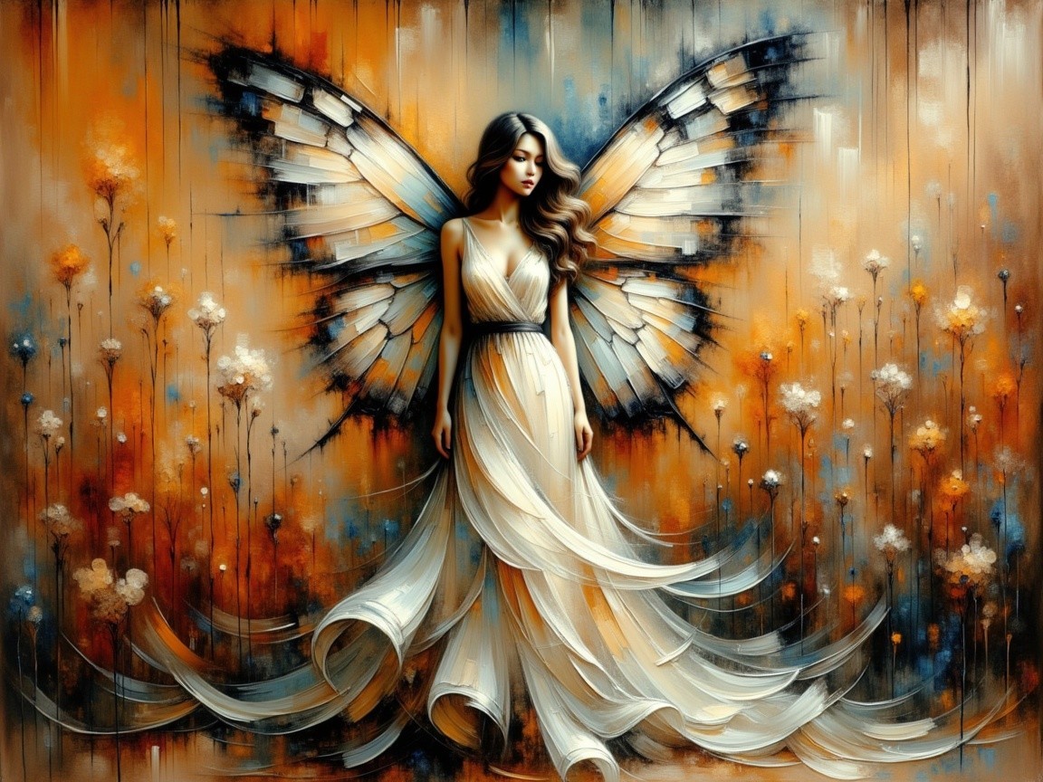 Ethereal Figure with Butterfly Wings and Flowers