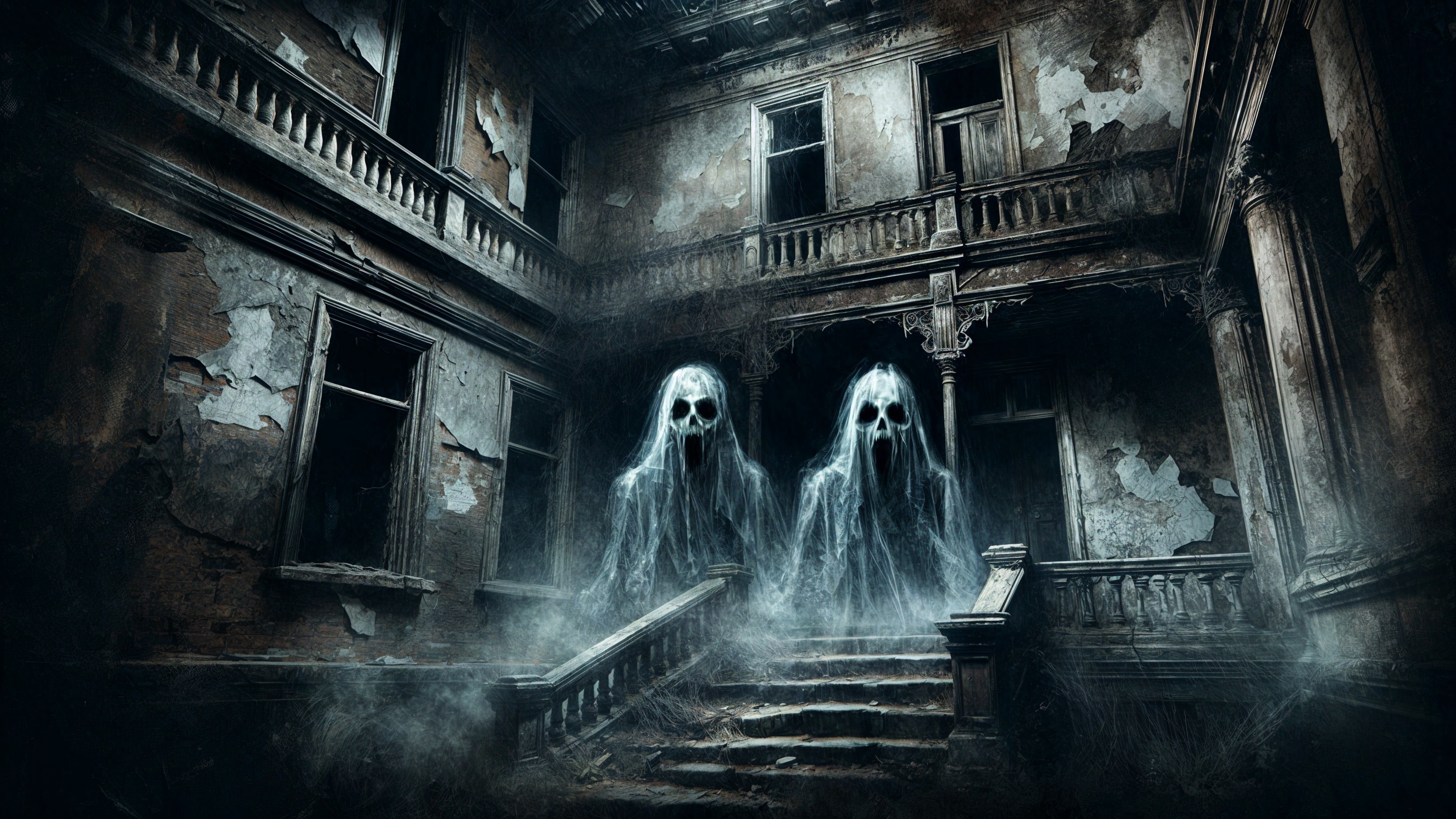 Abandoned mansion with ghostly figures and fog