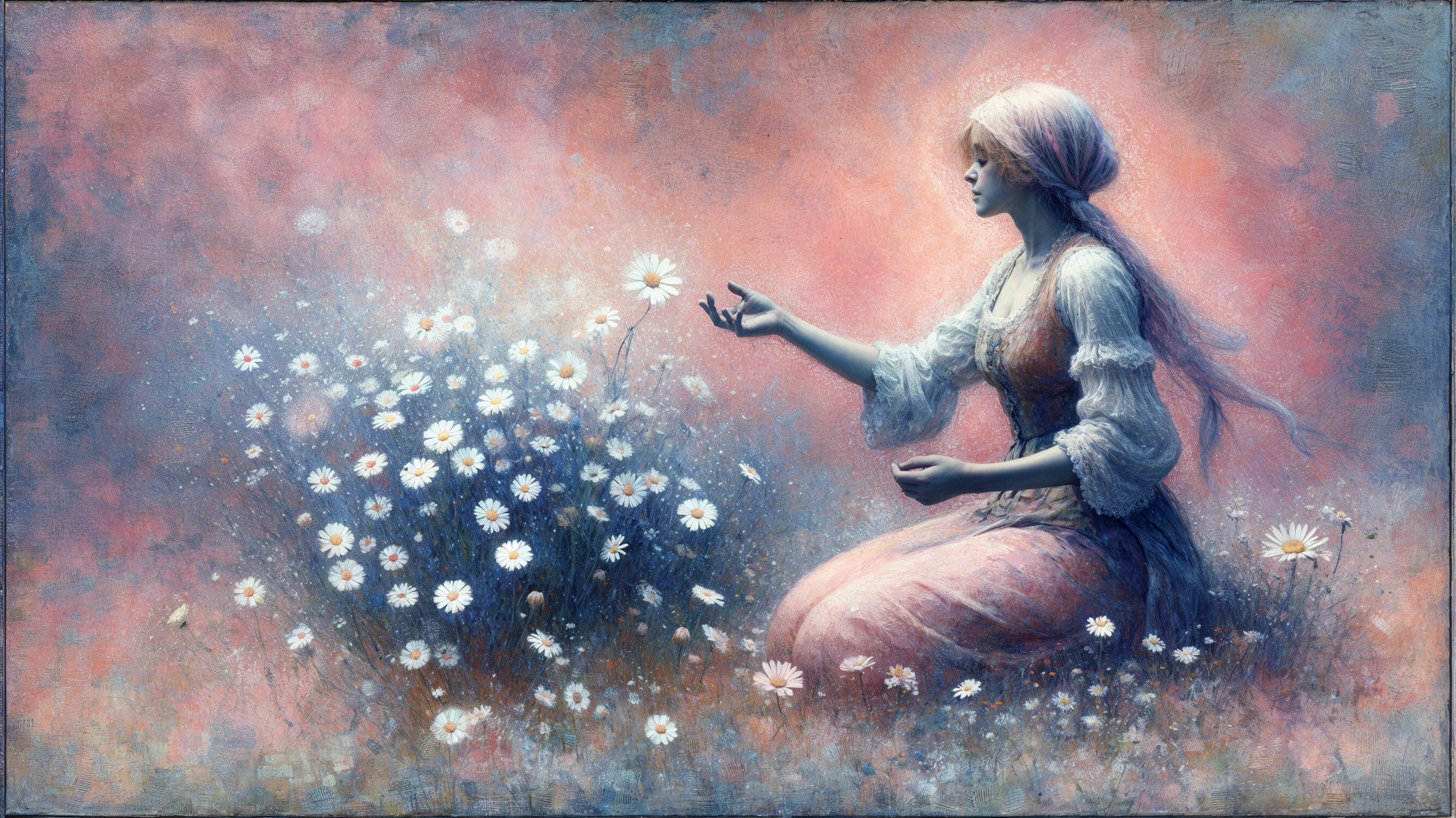 Serene Figure in Flowing Dress Among Daisies