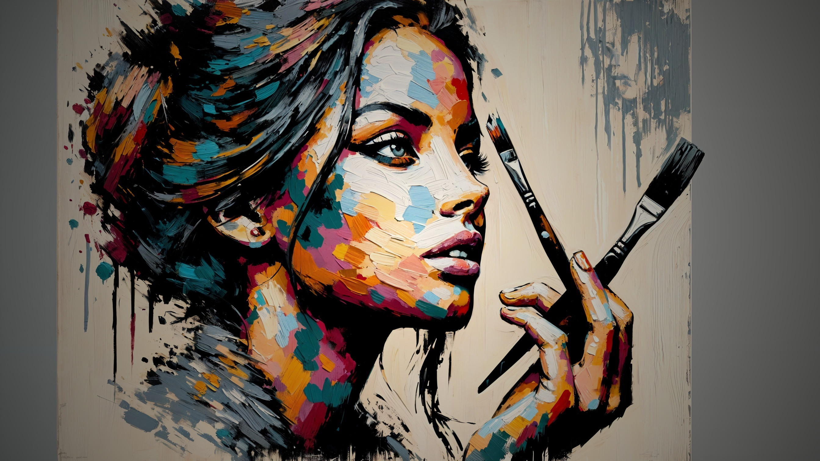 Abstract Portrait of a Thoughtful Woman with Paintbrushes