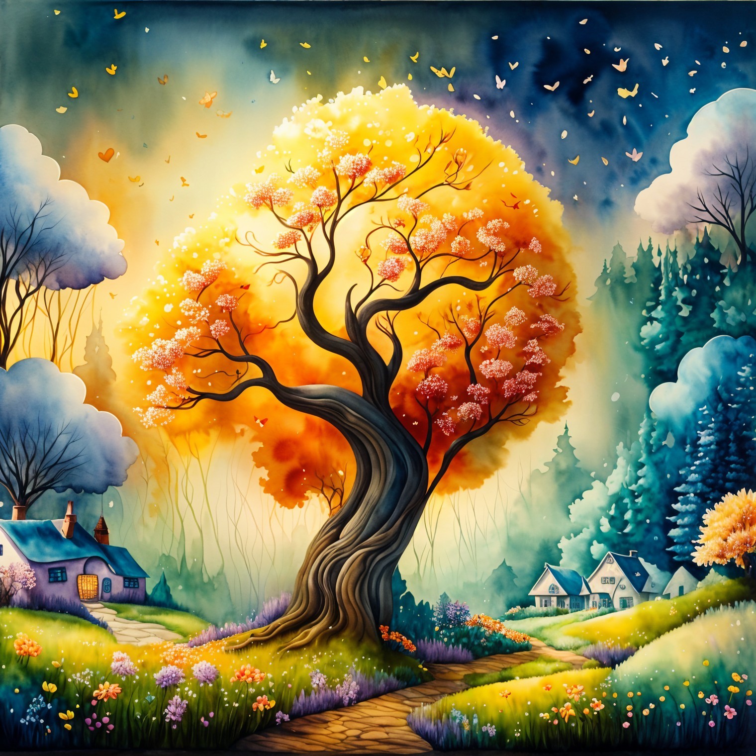 Vibrant Landscape with Majestic Tree and Cottages