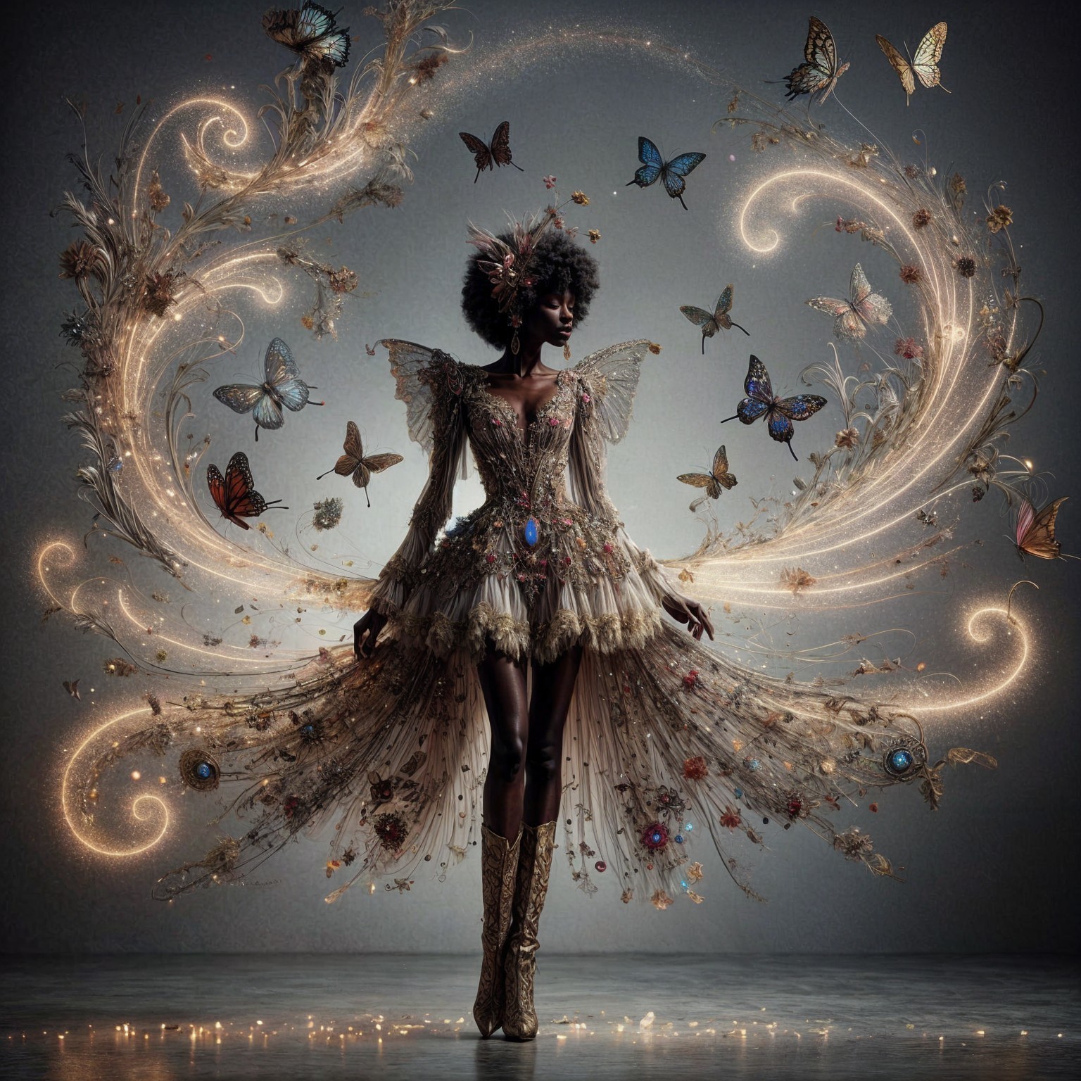 Elegant figure in shimmering gown with butterflies