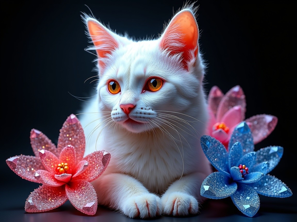 White Cat with Orange Eyes Among Pink and Blue Flowers
